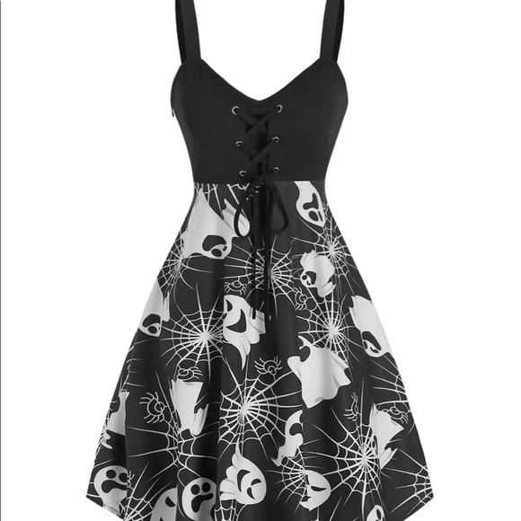 Halloween Ghost Print Lace Up Cami Asymmetrical Dress Medium - Picture 3 of 14